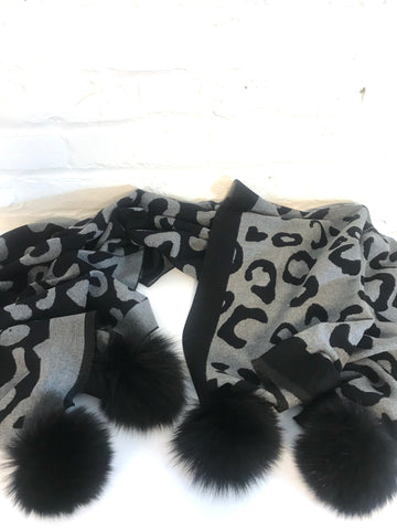 Animal Print Scarf With Fox PomPom