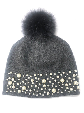 Grey Pearl Hat with Pom Poms